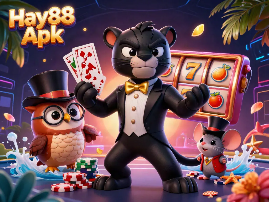 Experience excitement with Hay88 Apk featuring a stylish panther, owl, and mouse in a vibrant casino.