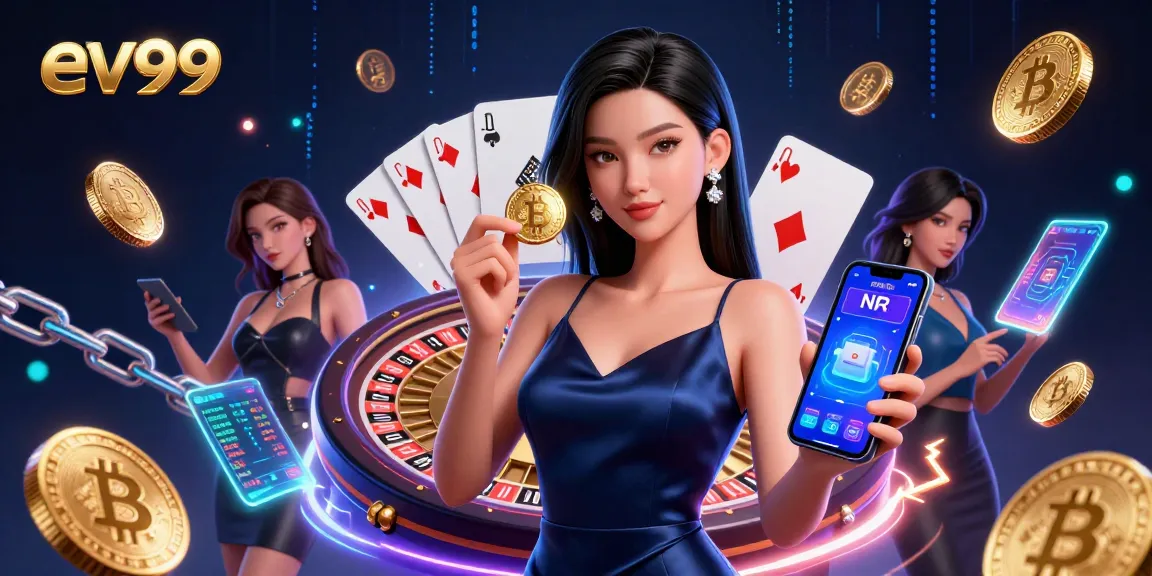 ev99 showcases an Asian woman holding a casino app, highlighted by vibrant gaming elements.
