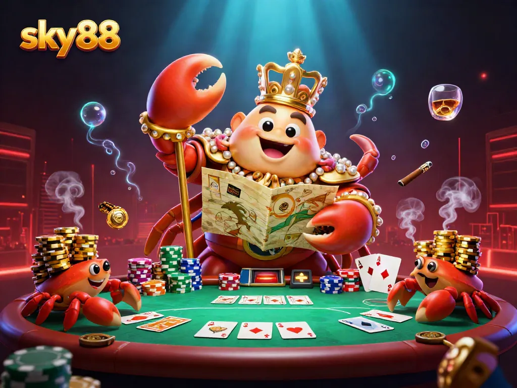 Experience thrilling adventures at sky88 with a majestic golden crab emperor leading a spectacular casino scene.