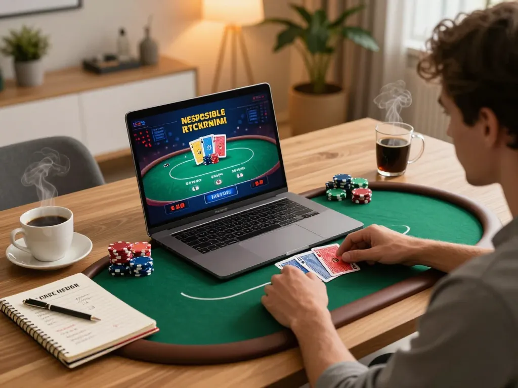 Player enjoying poker on their laptop at home, revealing mk8 online casino atmosphere and strategy.