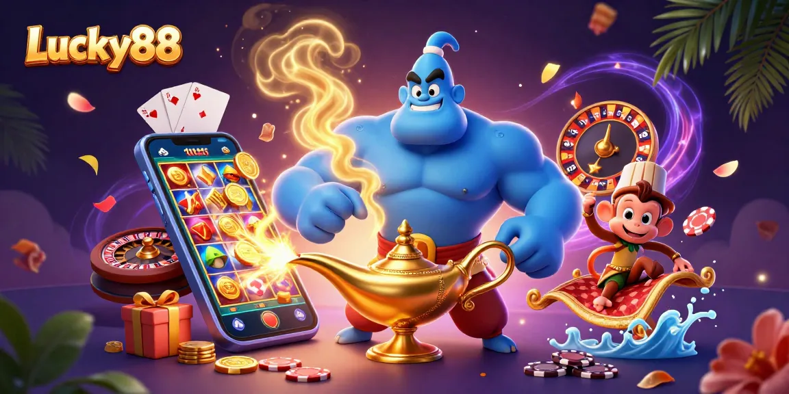 Lucky88 casino scene with a vibrant genie, monkey, and magic elements, showcasing excitement.