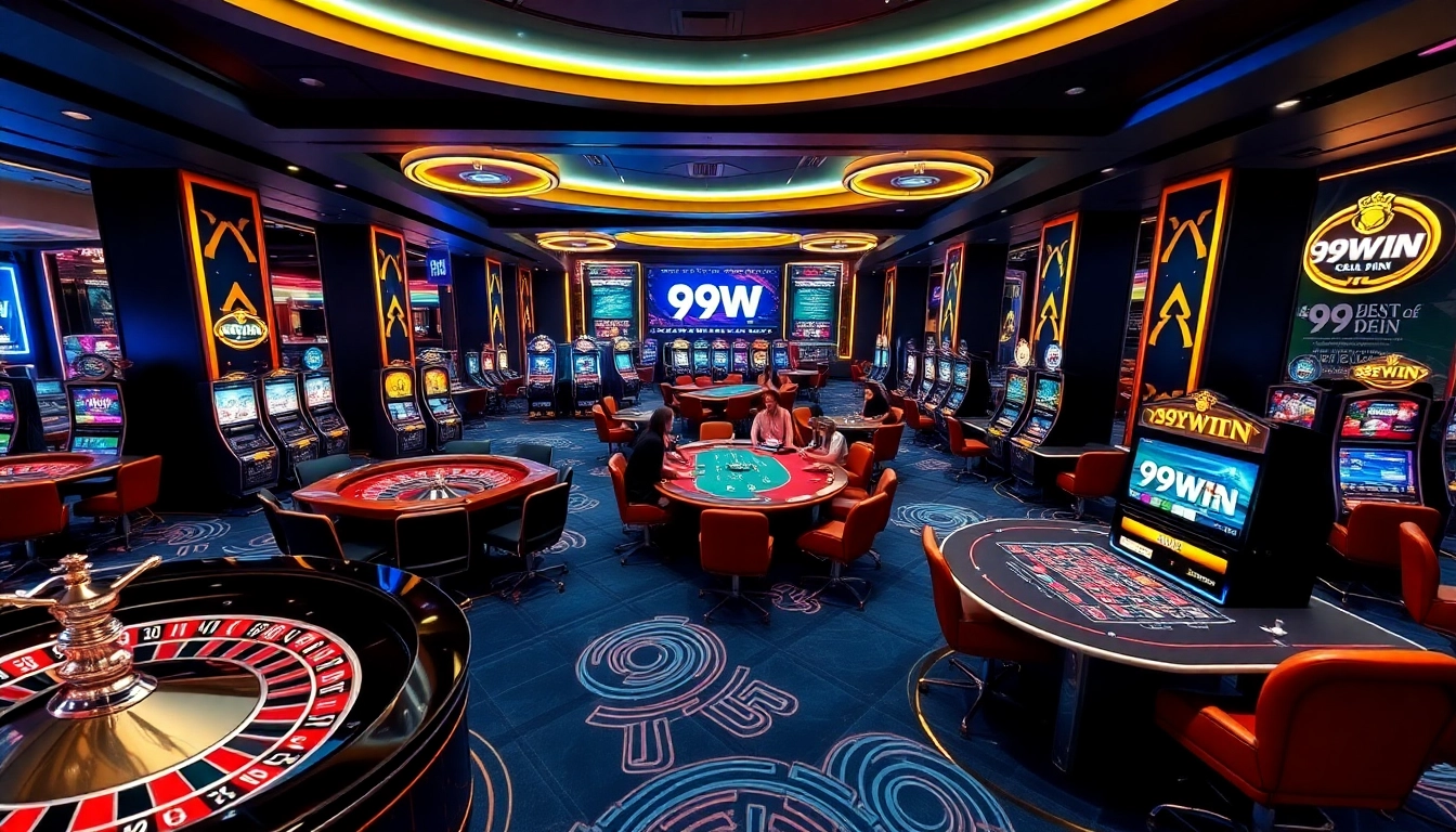 A vibrant casino scene showcasing 99win gaming excitement with poker tables and glowing slot machines.