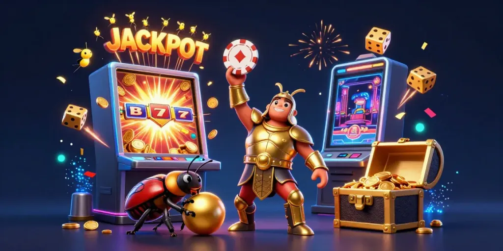 Experience the excitement of vic88cp with a victorious hercules beetle celebrating a jackpot, surrounded by vibrant gaming elements.