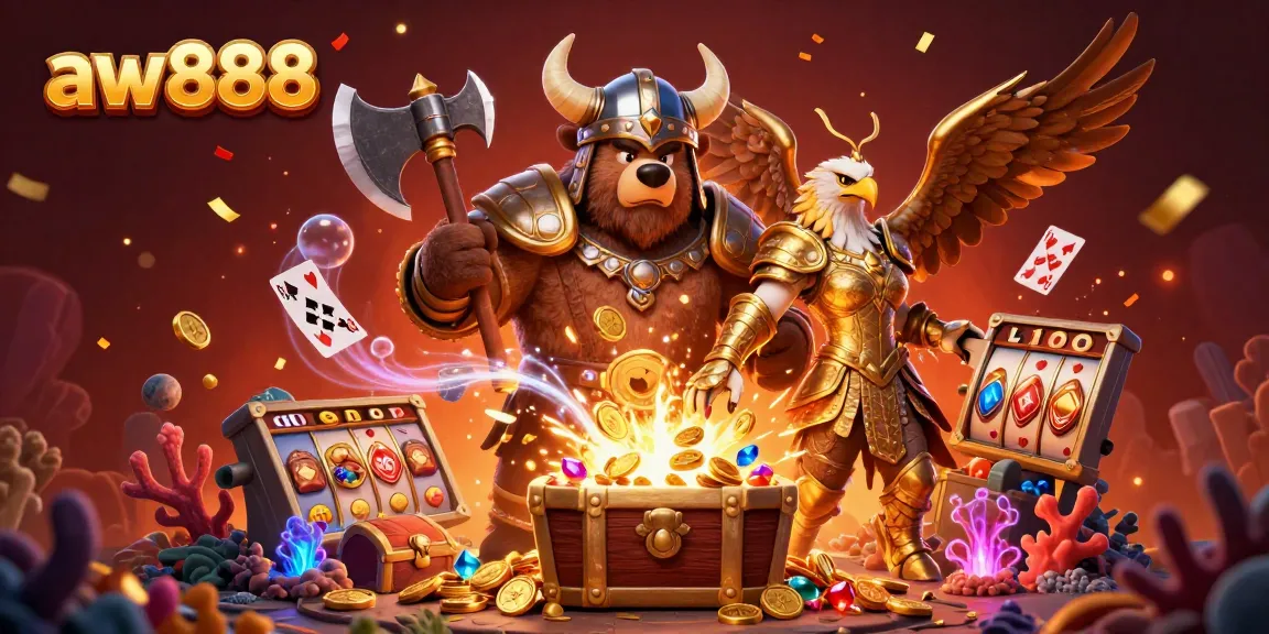 Experience the exciting world of aw888 as the Viking bear and Valkyrie eagle celebrate with gold coins, in a vibrant casino-themed scene.