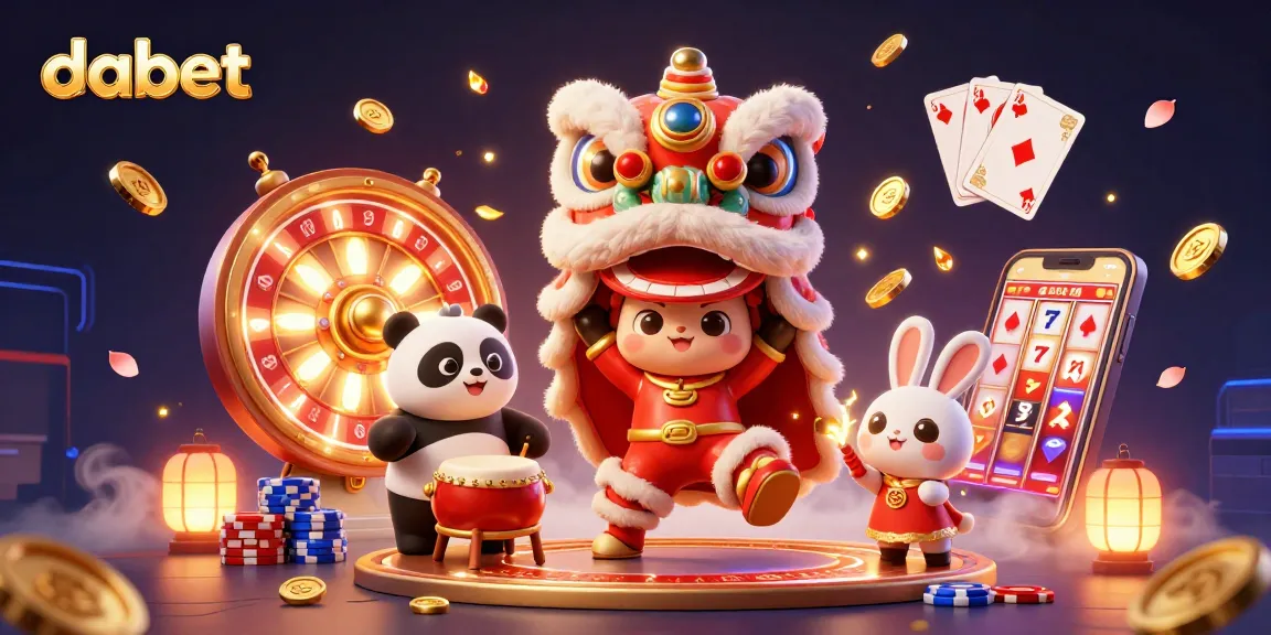 dabet features a vibrant lion dance in a dynamic casino scene filled with coins and game elements.