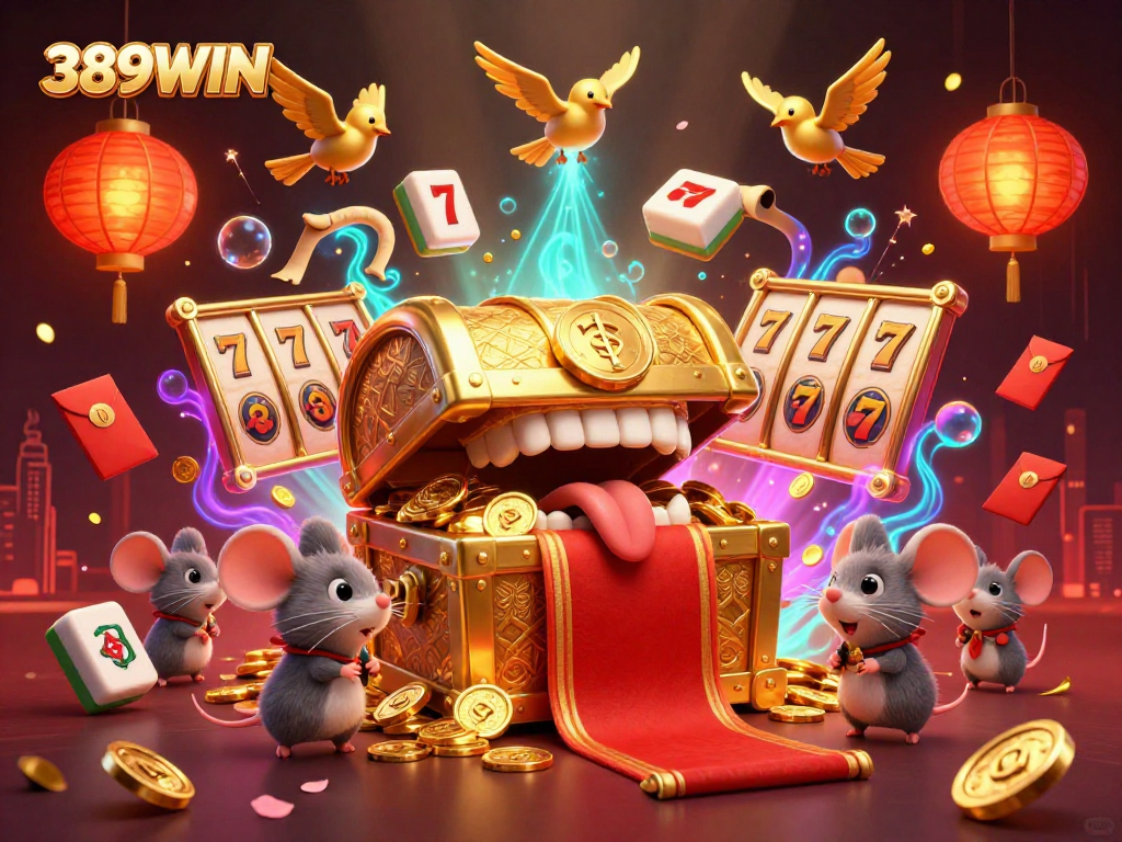 Experience thrilling spins at 389WIN with vibrant slots and dazzling treasures in a 3D illustration.