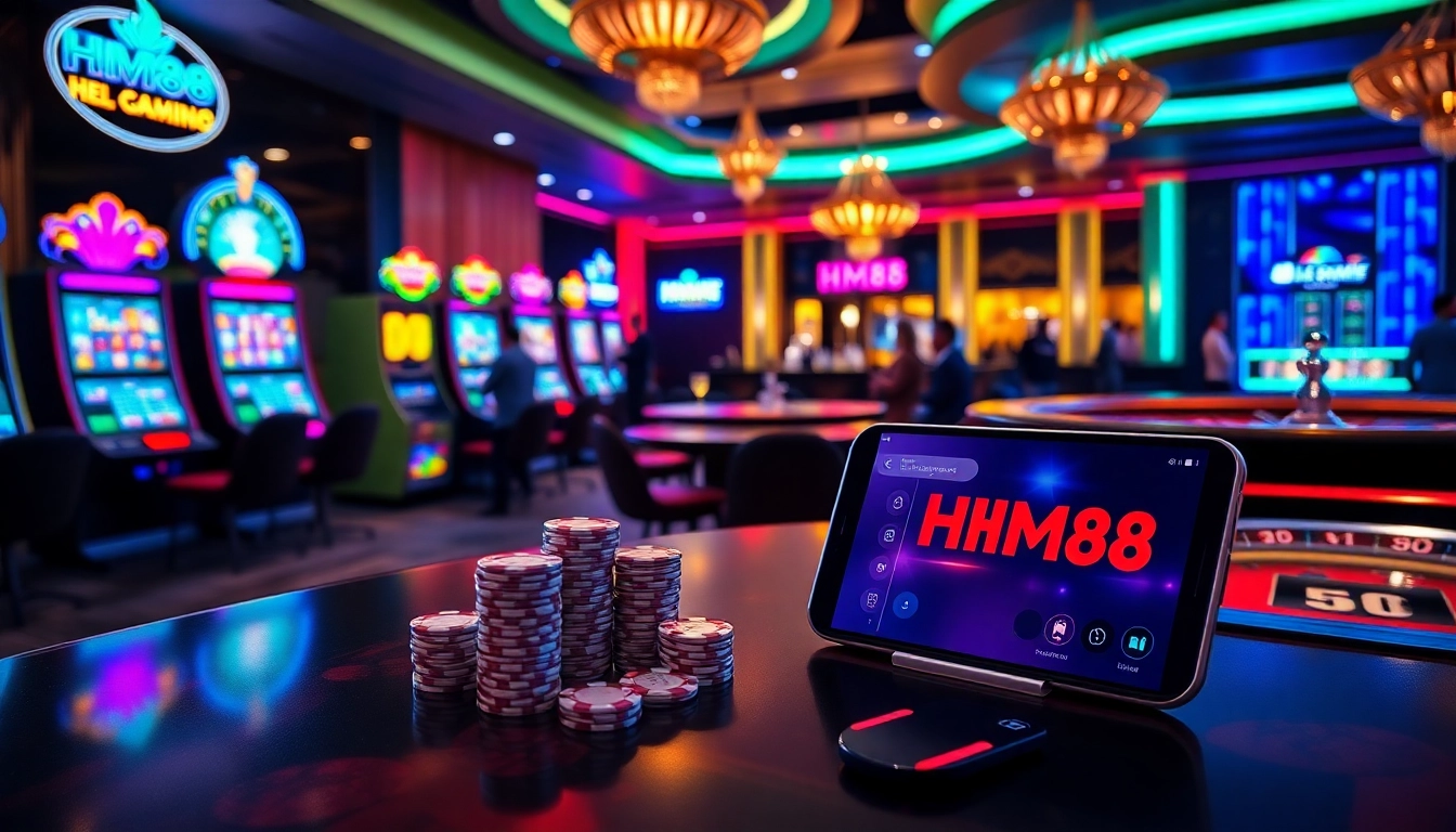 Engaged players enjoying poker and slots at HM88 casino, showcasing exciting virtual gaming.