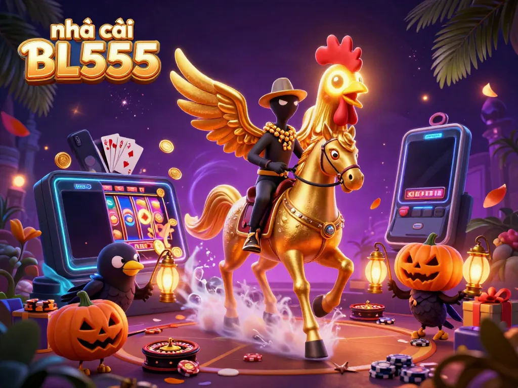 Engage with nhà cái BL555's vibrant casino scene featuring a golden rooster and dynamic game elements.