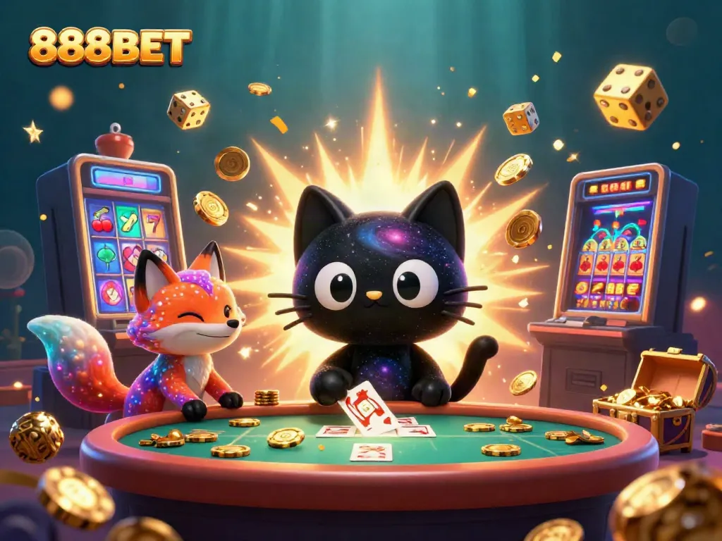 Experience the thrill of 888BET with a cosmic casino scene featuring a black hole cat and nebula fox.