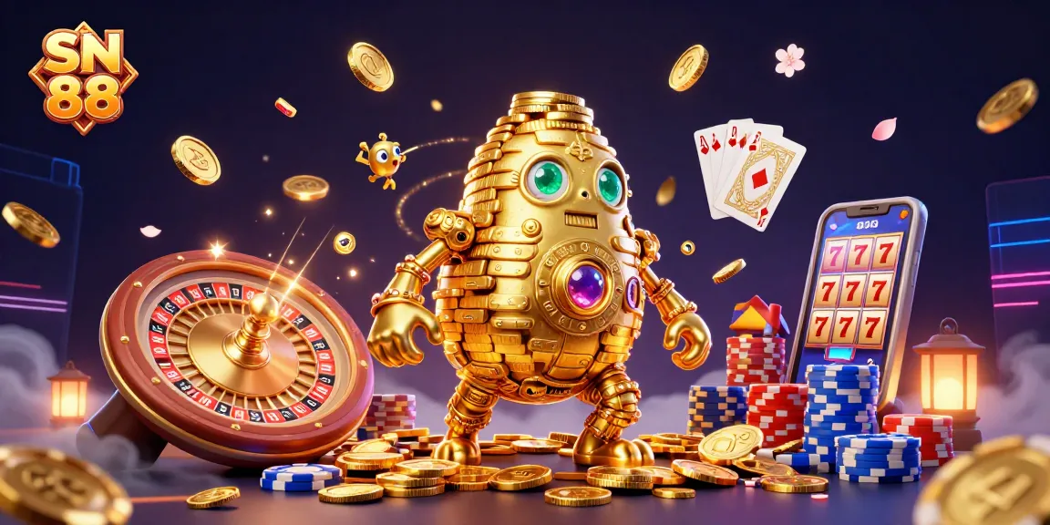 Engage in thrilling gameplay at SN 88 with a dazzling golem of coins, roulette, and vibrant casino action.