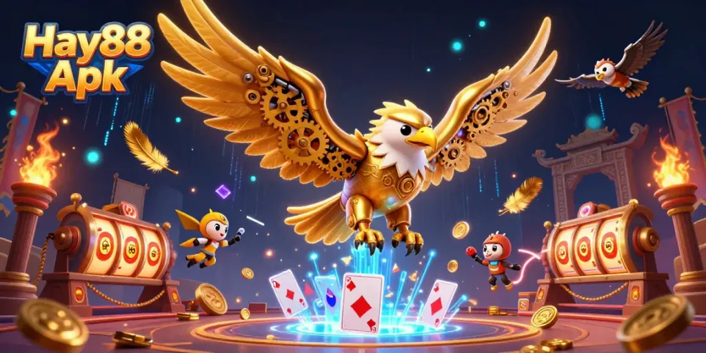 Experience thrilling gameplay with Hay88 Apk in this vibrant 3D casino illustration.