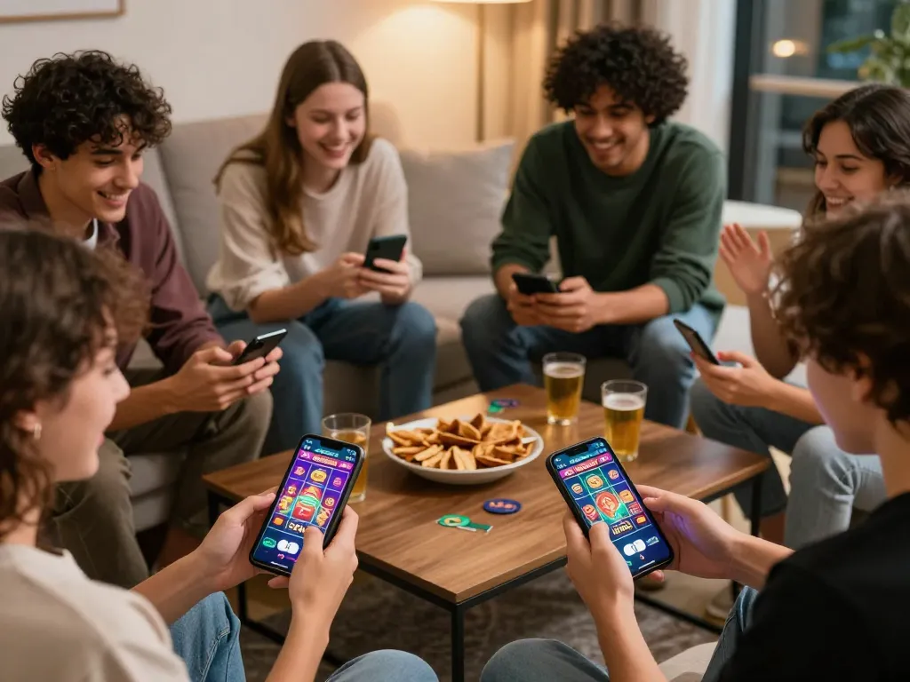 Players engaging with king33's online gambling app in a lively home setting, showcasing mobile gaming excitement