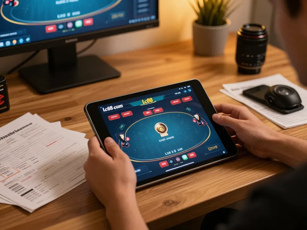Experience real-time poker gameplay on lc88 com with a tablet, showcasing strategy notes.
