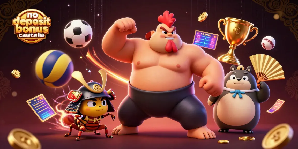 No deposit bonus casino Australia engaging scene featuring a powerful sumo rooster and samurai cricket.
