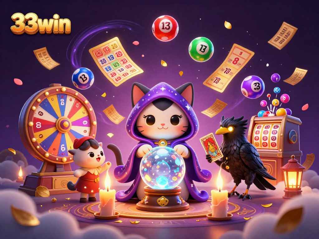 Engage with 33win's vibrant lottery scene featuring a mystic cat and an enchanting raven.