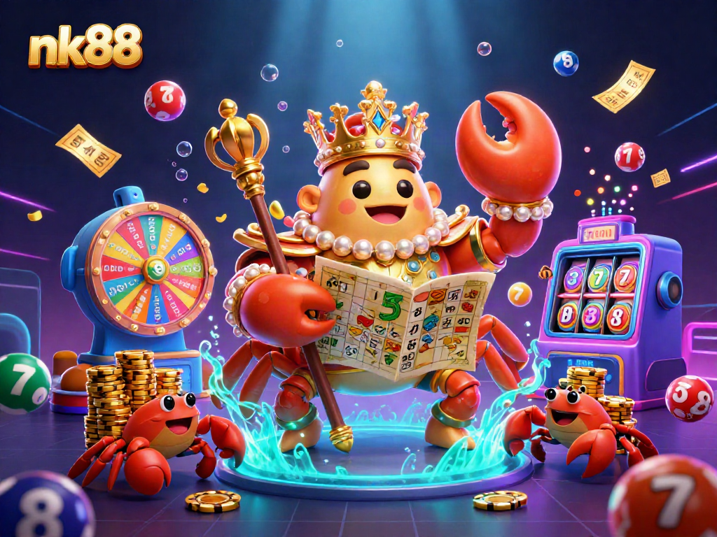 Wager exciting games with nk88 featuring a regal crab emperor amidst dynamic casino elements.
