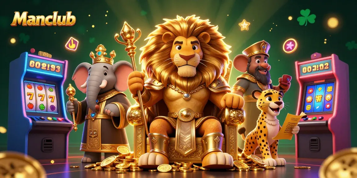 Engage in thrilling gameplay at Manclub with a 3D illustration featuring vibrant casino elements and iconic characters.