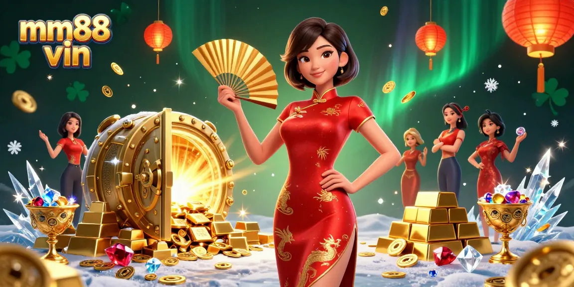 Engaging scene of a beautiful Asian woman representing mm88 vin, immersed in a vibrant casino atmosphere.