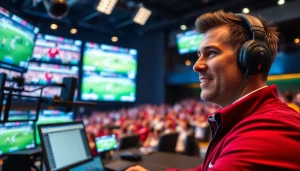 Dynamic sports broadcasting studio showcasing live events and an excited analyst.