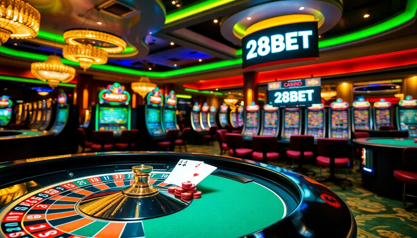 Experience thrilling gambling action at 28BET with vibrant poker and roulette games in a luxurious casino setting.