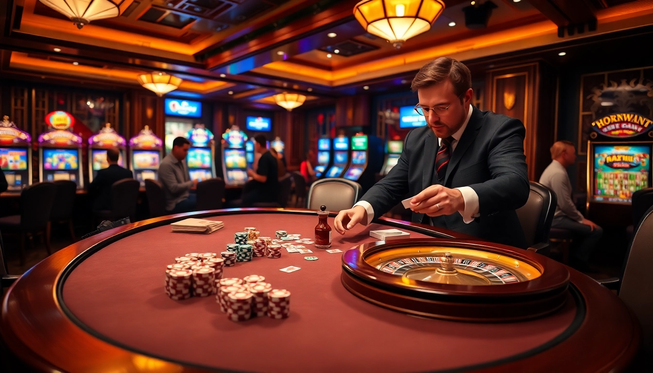 Join in the excitement at Bomwin’s high-stakes poker table with vibrant chips and cards.