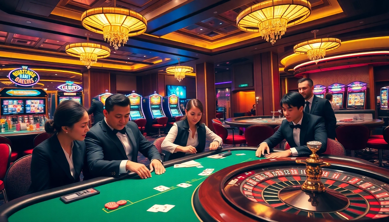 Experience the thrill of win88cc.net with players enjoying poker at a luxurious casino table, surrounded by vibrant slot machines.