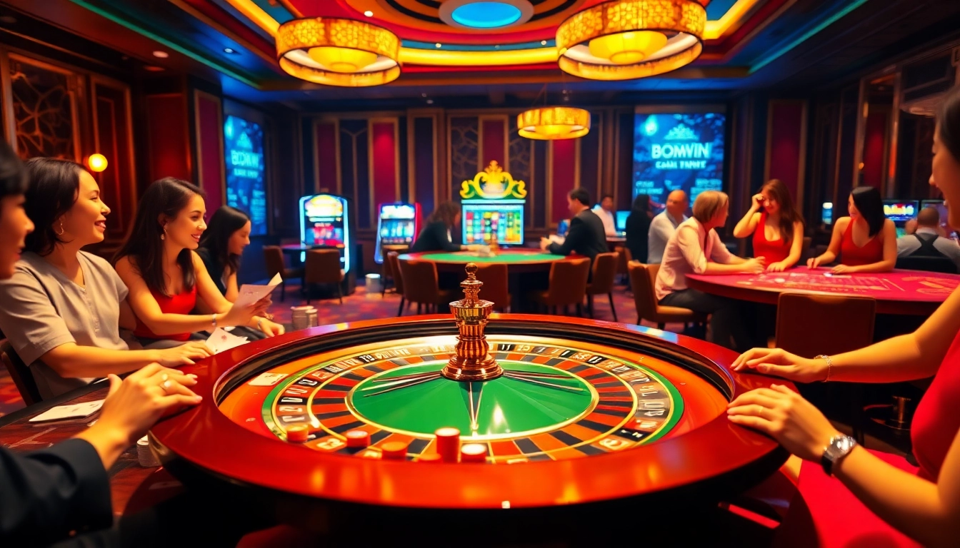 Experience thrilling gaming at https://bomwin.cn.com/ with vibrant roulette and excited players.