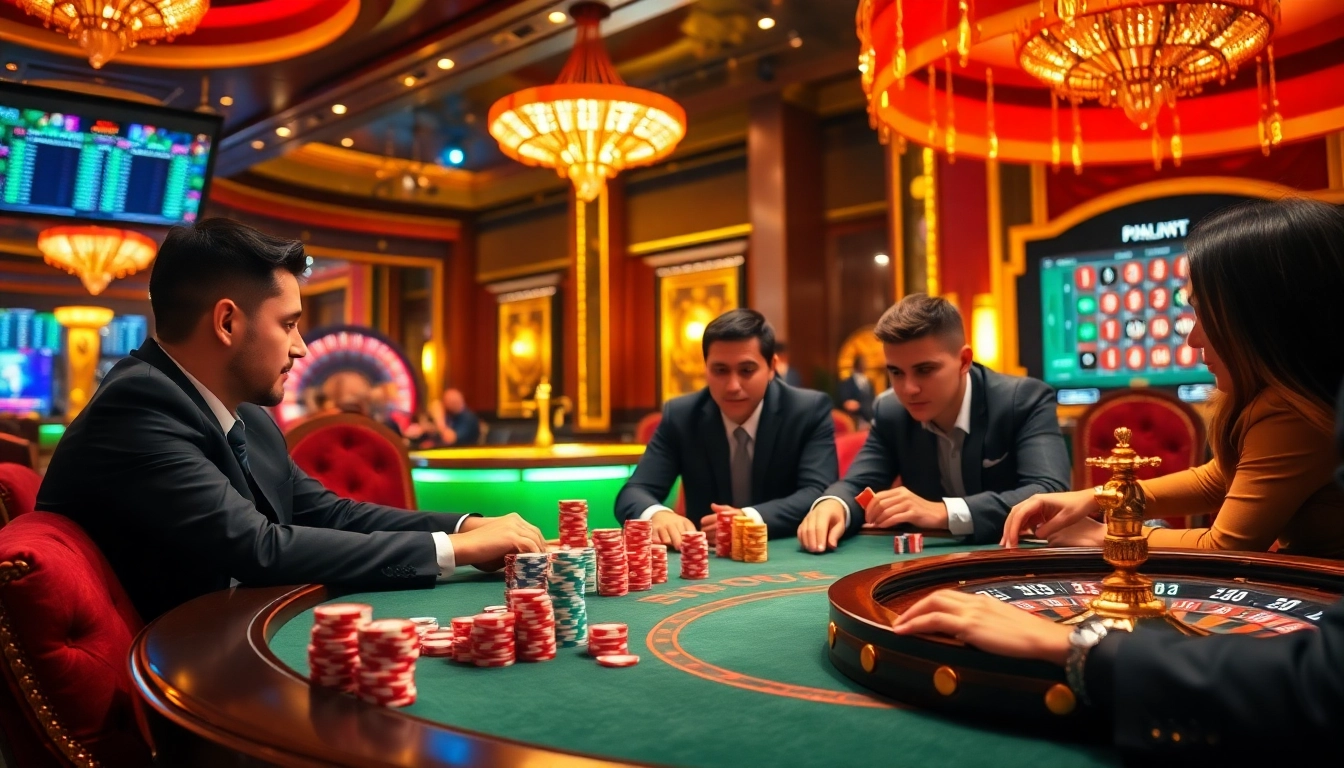 Players enjoying an exciting game at a sun win casino, showcasing vibrant poker chips and a spinning roulette wheel.