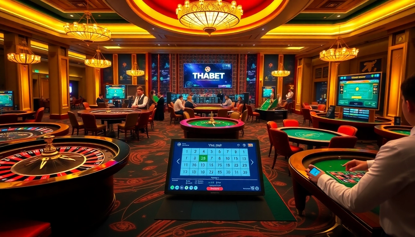 Players gambling at THABET casino with vibrant roulette tables and digital interfaces.