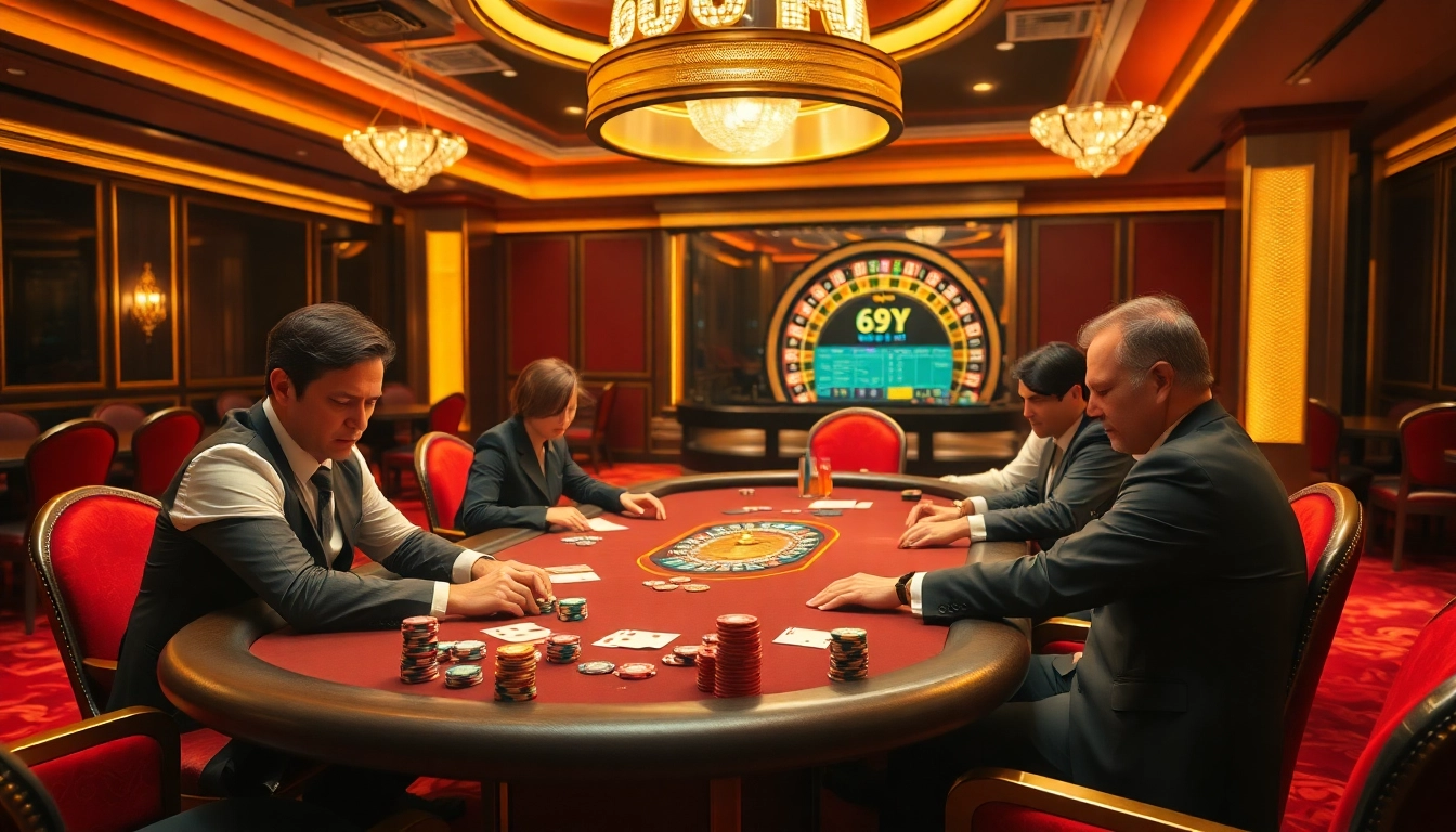 Ação de poker emocionante em um cassino com fichas e cartas 69Y, destacando estratégia e competição.