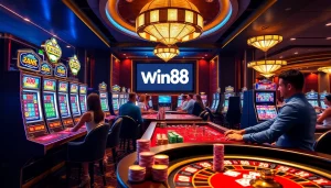 Experience the excitement of win88 with vibrant casino tables and lush poker chips in view.