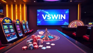 Experience the excitement of VSWIN casino with vibrant slot machines and poker action.