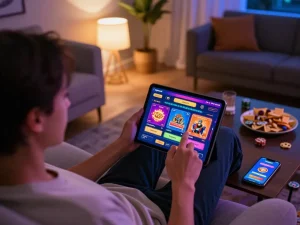 Engaging online gaming session on Jogoluck platform with player immersed in tablet experience