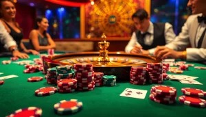 Players enjoying a thrilling game at a 399w casino table with vibrant chips and a spinning roulette wheel.