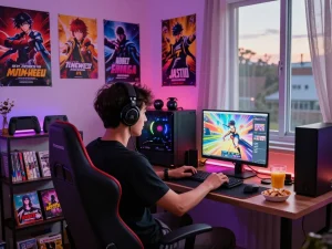 Player immersed in adult game with character customization displayed on screen, colorful gaming setup.