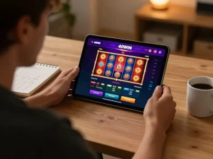 Player enjoying the 40WIN casino app on a tablet for online gaming at home, showcasing strategic gambling.