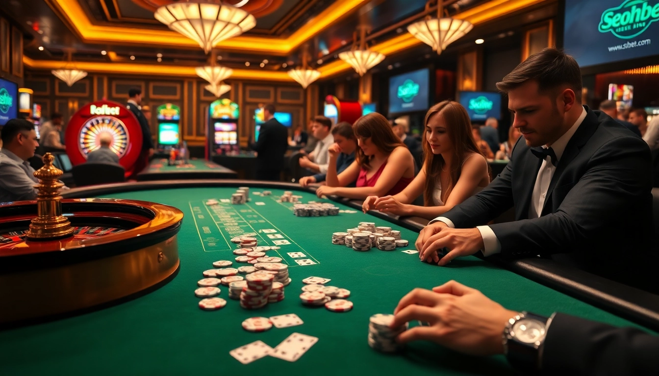 Engaging casino scene featuring roulette, poker, and online gambling elements at https://seoshbet.vip/.
