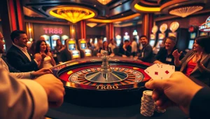 Excited gamblers place wagers at the luxurious TR88 roulette table in a vibrant casino.