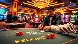 Engaging scene featuring KEONHACAI poker table with professional dealer and vibrant casino games.