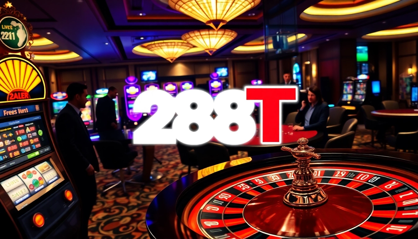 A dynamic casino scene highlighting the 288T logo, featuring roulette and exciting slot machines.