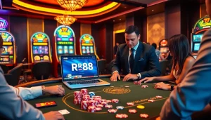Exciting poker game scene at RR88 casino with vibrant chips and professional croupiers.