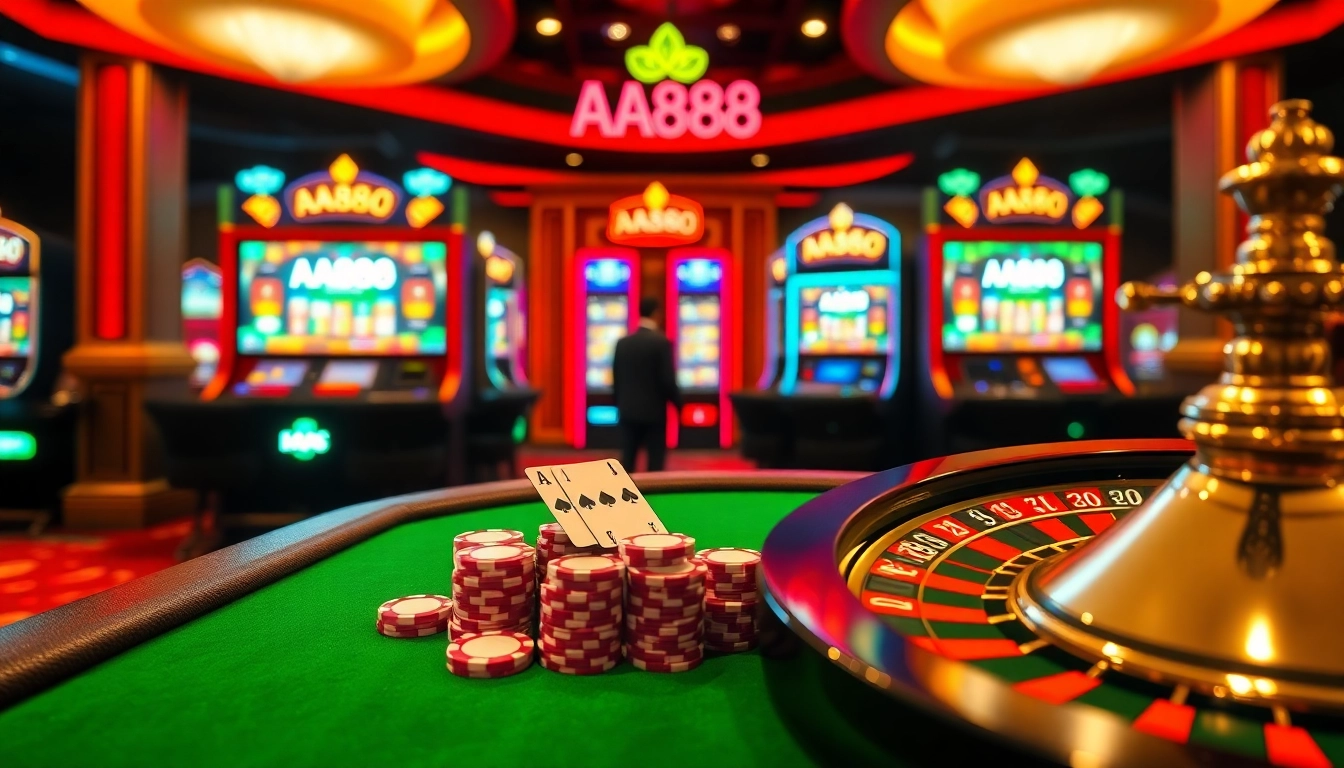 Participe de apostas online empolgantes na AA888 com uma cena virtual de pôquer e caça-níqueis transbordando de emoção.