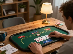 User playing online poker on tablet in cozy home, exploring 45678 gaming options and strategy