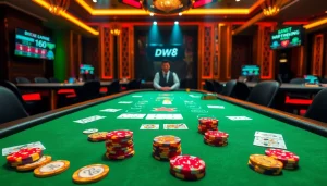 Engage in thrilling poker gameplay at DW8's premium gaming table, featuring vibrant cards and chips.