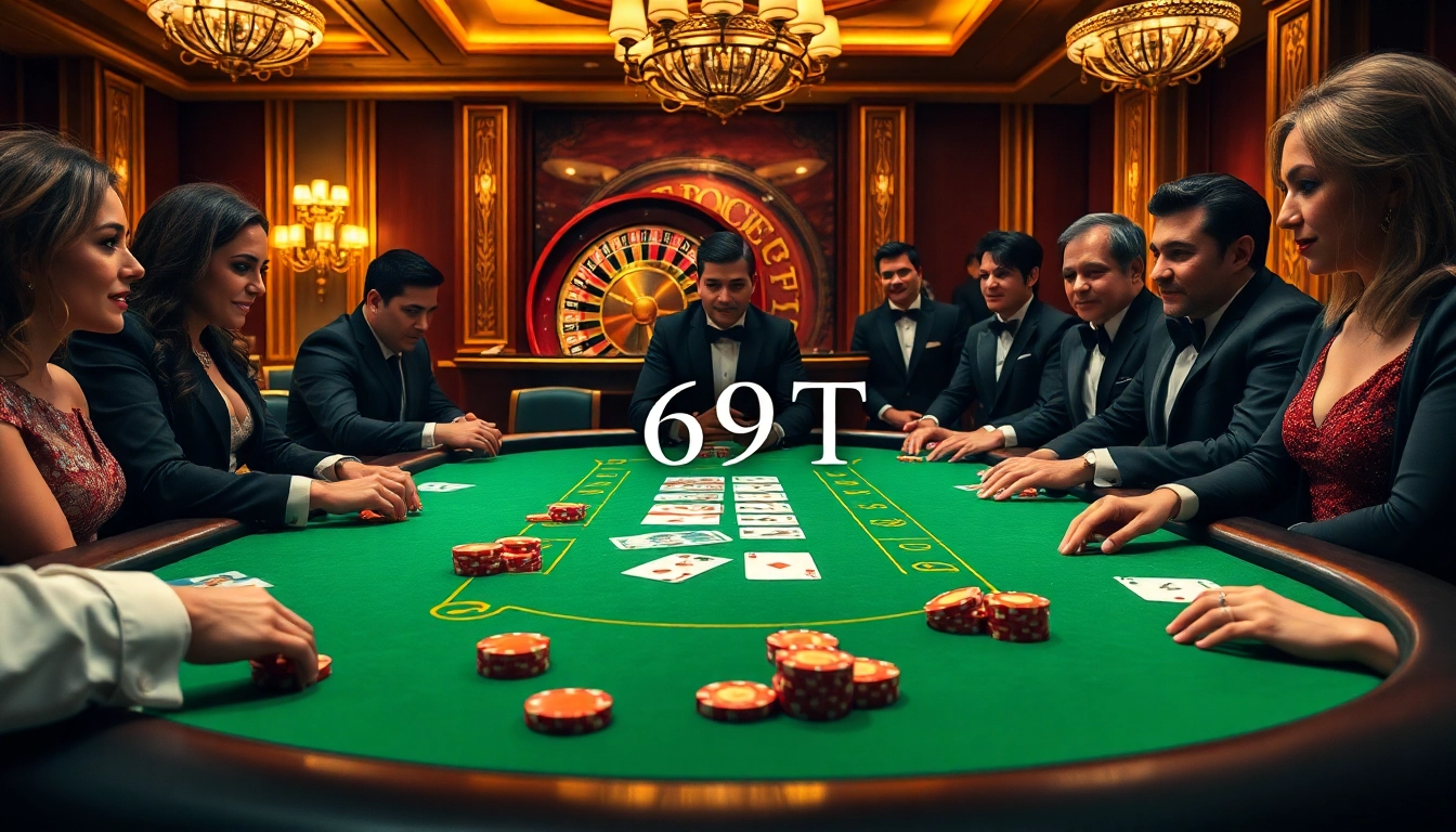 Jogadores de pôquer interagindo em uma mesa de cassino, exibindo fichas e cartas 69T em um ambiente luxuoso.