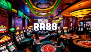 RR88 players enjoying a thrilling casino atmosphere with slot machines and poker tables.
