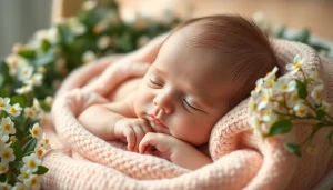 Captivating Babyfotografie of a serene newborn on a pastel blanket surrounded by flowers.