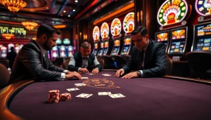 High-stakes poker at l567 casino with vibrant slots and professional ambiance.