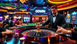 Jogadores participando de apostas online empolgantes no cassino 001WIN com roleta e cartas.
