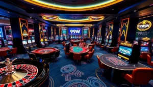 A vibrant casino scene showcasing 99win gaming excitement with poker tables and glowing slot machines.